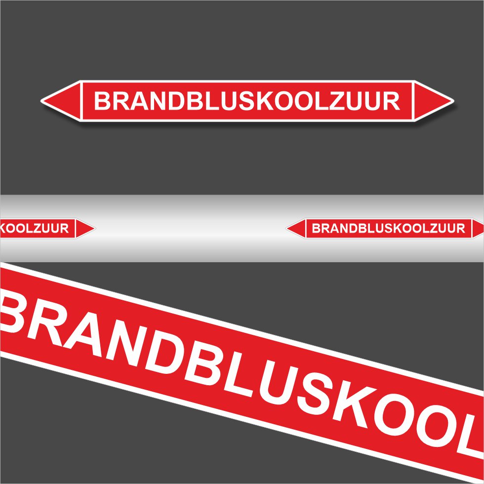 Leidingstickers Leidingmarkering Brandbluskoolzuur (Blusleidingen) Leidingstickers Leidingmarkering Brandbluskoolzuur (Blusleidingen)