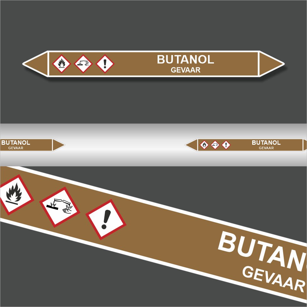 Leidingstickers Leidingmarkering Butanol (Ontvlambare vloeistoffen) Leidingstickers Leidingmarkering Butanol (Ontvlambare vloeistoffen)